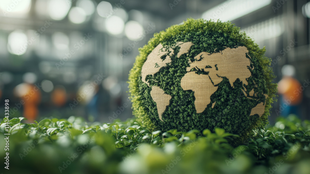 A globe made of natural materials, covered in lush greenery, symbolizes environmental sustainability and awareness. This image evokes sense of hope for greener future A globe made of natural materials, covered in lush greenery, symbolizes environmental sustainability and awareness. This image evokes sense of hope for greener future