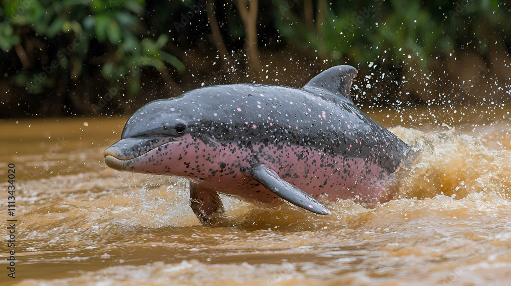 Obraz premium Playful Pink Dolphin Leaping in Amazon River Wildlife Habitat