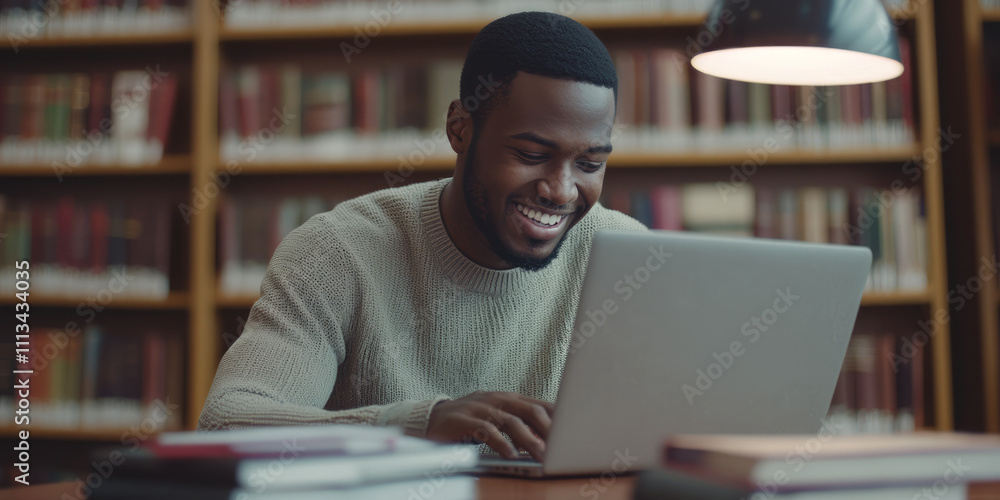 Happy young African American student working on a laptop in the library, generative AI Happy young African American student working on a laptop in the library, generative AI