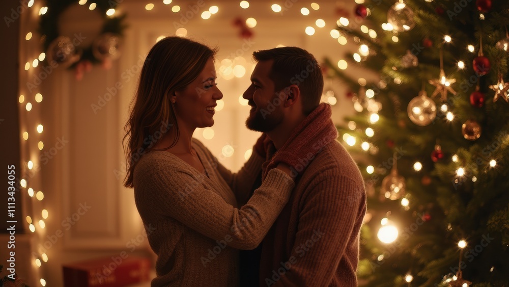 Couple Enjoying a Joyful Moment Together in Front of a Beautifully Decorated Christmas Tree Couple Enjoying a Joyful Moment Together in Front of a Beautifully Decorated Christmas Tree
