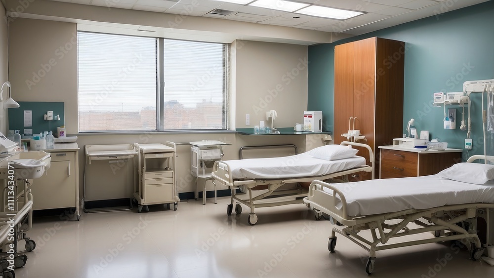 A hospital room with two beds that are freshly laundered and a bedside table that contains supplies for patient care A hospital room with two beds that are freshly laundered and a bedside table that contains supplies for patient care