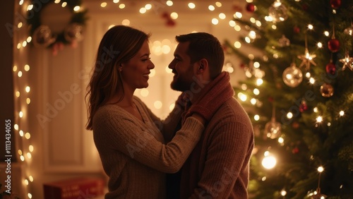 Couple Enjoying a Joyful Moment Together in Front of a Beautifully Decorated Christmas Tree