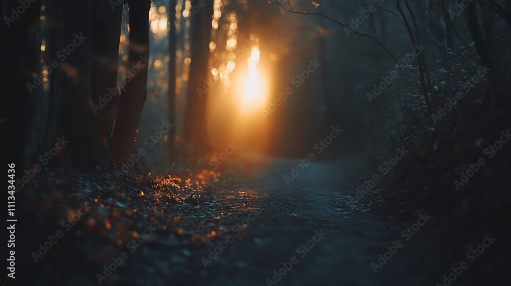 Fototapeta premium Golden sunlight filtering through a misty forest path.