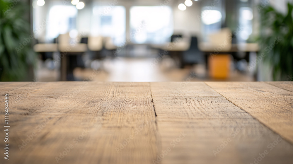 An empty rustic wooden table with visible natural grain patterns, positioned in the foreground. The blurred background features a modern office with soft lighting, rows of desks, ergonomic chairs, An empty rustic wooden table with visible natural grain patterns, positioned in the foreground. The blurred background features a modern office with soft lighting, rows of desks, ergonomic chairs,