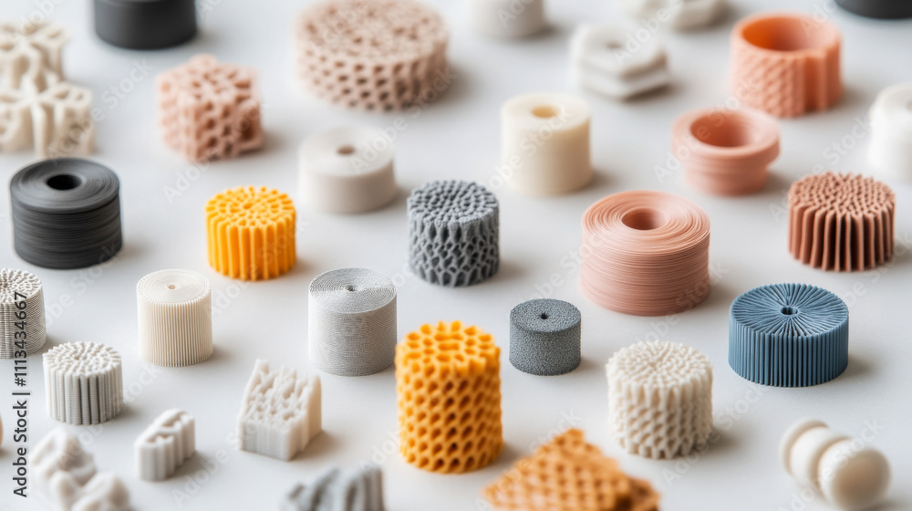 Intricate 3D printed shapes in various colors and textures create visually captivating arrangement. diverse forms showcase creativity and innovation in design
