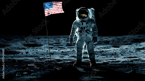 Astronaut Planting American Flag on Lunar Surface during Historic Moon Landing