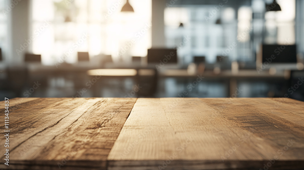 A rustic wooden tabletop with knots and imperfections adds natural character, set against a softly blurred background of a bustling office. Subtle hints of desktop monitors, coffee mugs, and hanging A rustic wooden tabletop with knots and imperfections adds natural character, set against a softly blurred background of a bustling office. Subtle hints of desktop monitors, coffee mugs, and hanging