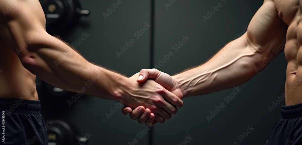Two muscular men shaking hands in a gym setting, symbolizing camaraderie, strength, and teamwork in fitness and health. Two muscular men shaking hands in a gym setting, symbolizing camaraderie, strength, and teamwork in fitness and health.