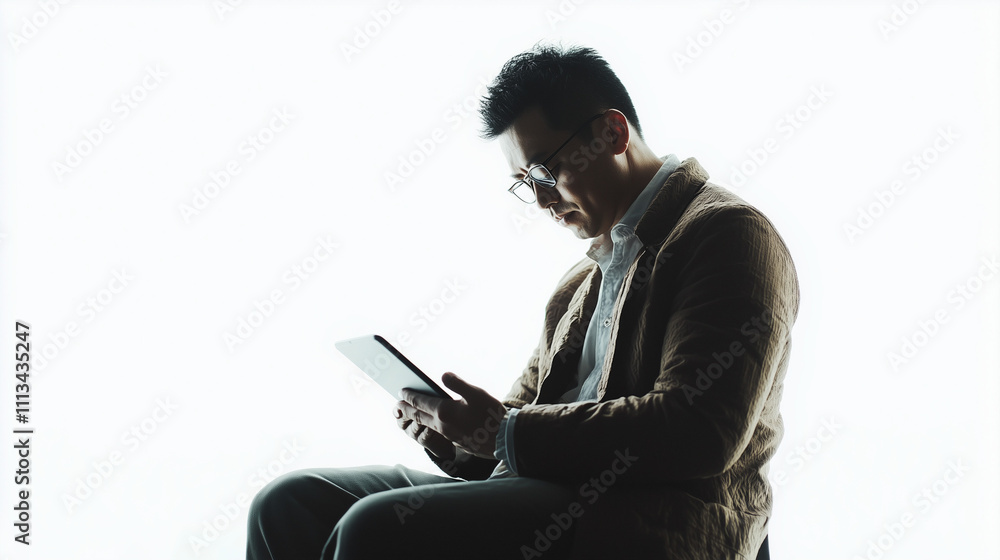 professional photo with text space of man in minimalist urban cafe working with tablet, clean and modern environment, visible coffee cup, city life professional photo with text space of man in minimalist urban cafe working with tablet, clean and modern environment, visible coffee cup, city life