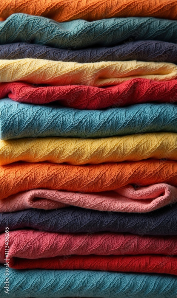 A vibrant stack of textured fabric in various colors, perfect for showcasing textile design, home decor, or fashion industry themes. A vibrant stack of textured fabric in various colors, perfect for showcasing textile design, home decor, or fashion industry themes.