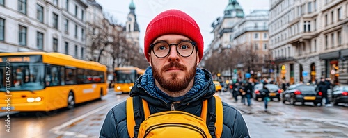 Urban exploration young man in red beanie city street lifestyle photography busy environment eye-level perspective photo