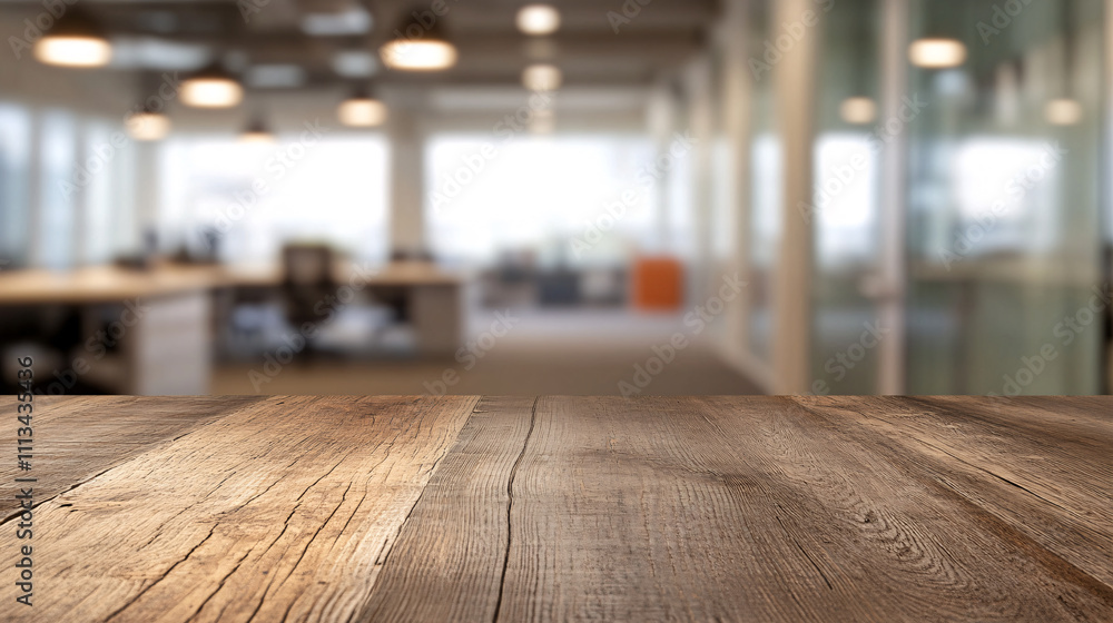 A long wooden table with a natural, rustic finish stretches across the foreground, its texture in sharp focus. The blurred office backdrop includes elements like glass walls, soft pendant lighting, A long wooden table with a natural, rustic finish stretches across the foreground, its texture in sharp focus. The blurred office backdrop includes elements like glass walls, soft pendant lighting,