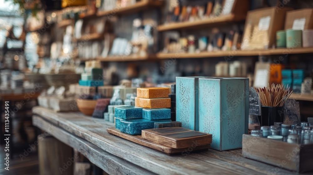 A selection of handmade soaps and candles on display in a store with wooden shelves and rustic decor. A selection of handmade soaps and candles on display in a store with wooden shelves and rustic decor.