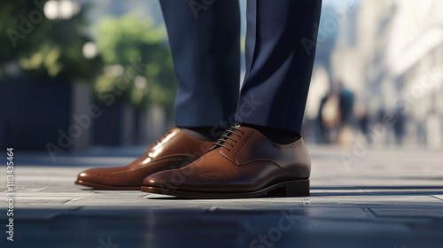a man wearing a dark blue suit and brown luxury shoes on a sunny day