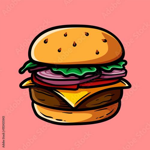 big cheese burger isolated colored drawing line art style sketch classic vintage design illustration