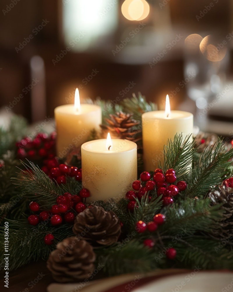 Festive Candlelight with Pine and Berries Festive Candlelight with Pine and Berries