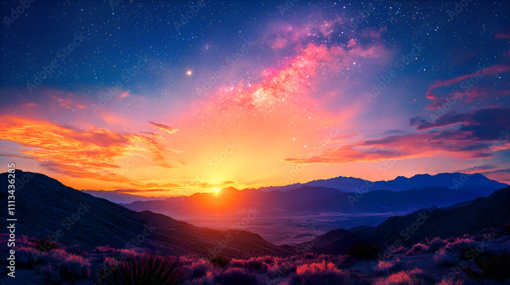 Majestic Mountains at Sunset with Colorful Sky and Starry Night in Tranquil Landscape Majestic Mountains at Sunset with Colorful Sky and Starry Night in Tranquil Landscape