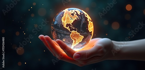 A glowing representation of Earth held in a hand, symbolizing global responsibility, innovation, and the interconnectedness of our world. photo