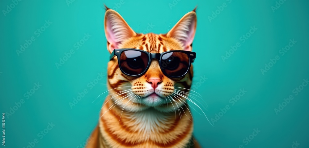 A stylish cat with sunglasses against a vibrant teal background, perfect for pet-related branding, marketing, or social media content. A stylish cat with sunglasses against a vibrant teal background, perfect for pet-related branding, marketing, or social media content.