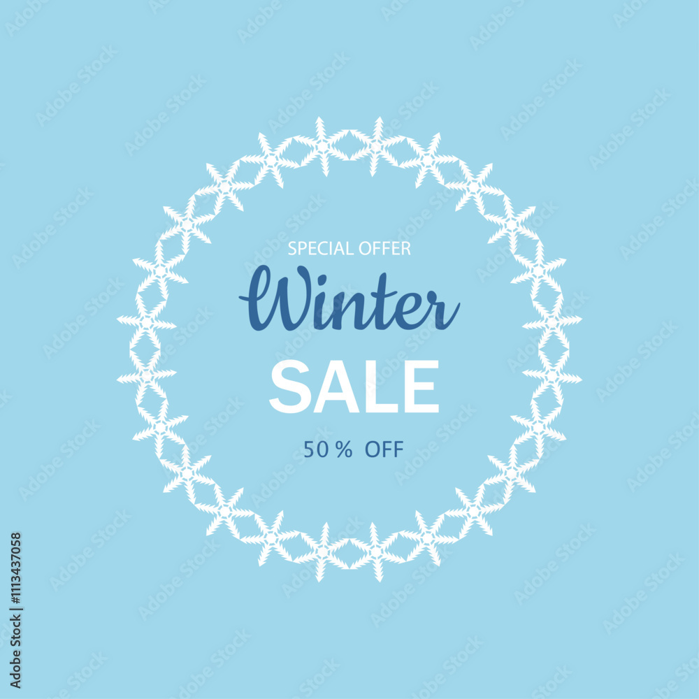 Round frame of white snowflakes with text winter sale on blue background. Square background with 50% discount. Vector illustration. Minimalistic modern banner for business and seasonal shopping. Round frame of white snowflakes with text winter sale on blue background. Square background with 50% discount. Vector illustration. Minimalistic modern banner for business and seasonal shopping.
