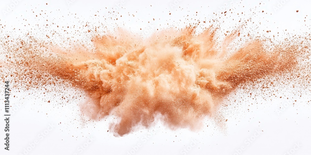Dynamic Beige Powder Explosion on a White Background Creating a Chaotic Visual with Vibrant Dust and Smoke Effects Dynamic Beige Powder Explosion on a White Background Creating a Chaotic Visual with Vibrant Dust and Smoke Effects