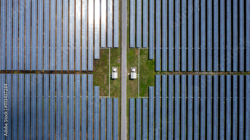 Aerial view solar panel hybrid power plant, Solar panel platform system photovoltaic module, Solar panel power plant renewable energy source, Eco technology electric power industry.