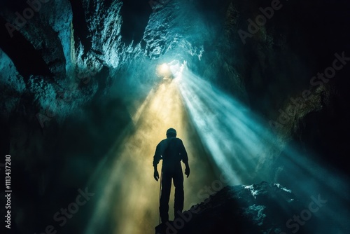 Miner descending into deep underground industrial mine captivating image dramatic lighting and atmosphere industrial exploration concept unique viewpoint on mining depths