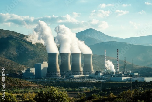 Wallpaper Mural Industrial power plant in a scenic landscape cooling towers and smokestacks amidst mountains high-resolution content capturing industrial energy production environment Torontodigital.ca