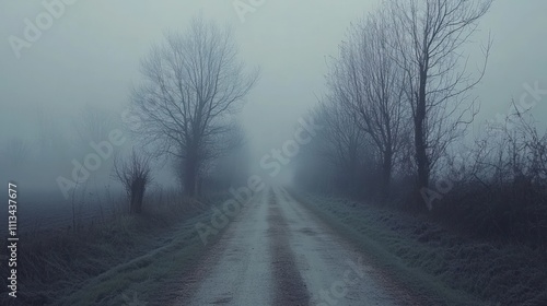 Foggy Country Road Lined With Bare Winter Trees