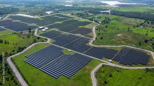 Aerial view solar panel hybrid power plant, Solar panel platform system photovoltaic module, Solar panel power plant renewable energy source, Eco technology electric power industry.