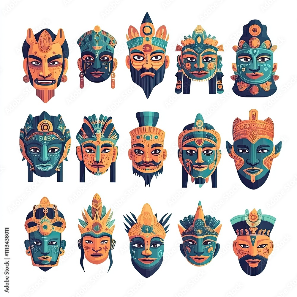 Fifteen stylized ancient ceremonial masks with ornate headdresses. Fifteen stylized ancient ceremonial masks with ornate headdresses.