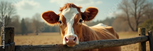 Close-up of a curious cow leaning over a rustic wooden fence, set against a serene countryside backdrop. Perfect for agriculture and farming themes. photo