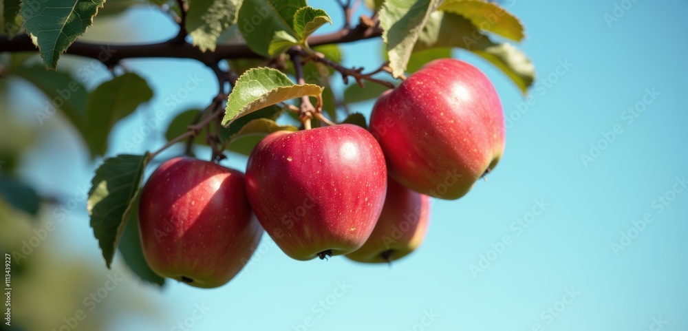 Fresh red apples hanging from a branch against a clear blue sky, symbolizing nature's bounty and healthy living. Fresh red apples hanging from a branch against a clear blue sky, symbolizing nature's bounty and healthy living.