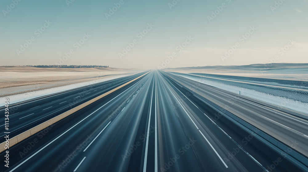 Naklejka premium shot of an empty highway road stretching into the horizon, with a futuristic vision of 2024-2030 depicted through digital overlays and clear skies