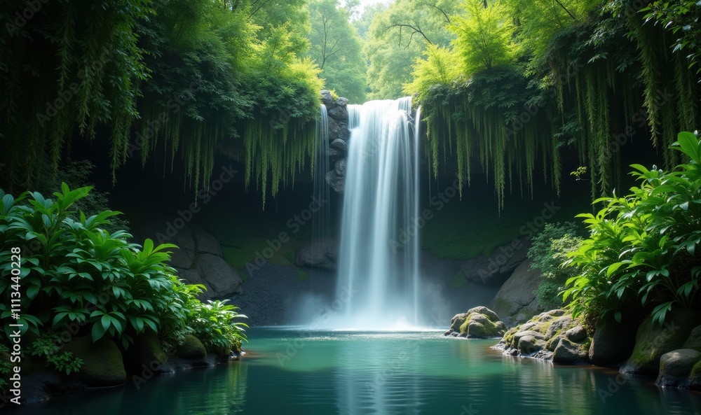 A serene waterfall cascading into a lush green pool, surrounded by vibrant foliage, perfect for nature and wellness themes. A serene waterfall cascading into a lush green pool, surrounded by vibrant foliage, perfect for nature and wellness themes.