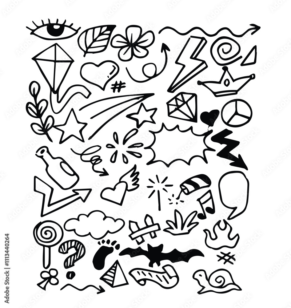 Fototapeta premium Abstract arrows, ribbons, crowns, hearts, explosions and other elements in hand drawn style for concept design. Doodle illustration.