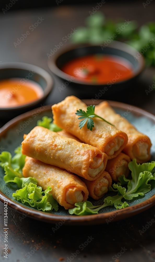 Delicious spring rolls served on a bed of fresh lettuce, accompanied by tangy dipping sauces. Perfect for showcasing Asian cuisine and culinary presentations. Delicious spring rolls served on a bed of fresh lettuce, accompanied by tangy dipping sauces. Perfect for showcasing Asian cuisine and culinary presentations.
