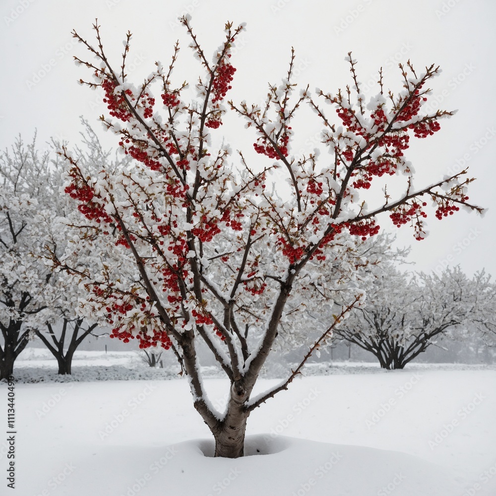 A single cherry tree with snow-laden branches and a few bright red cherries peeking through, set against a white background. A single cherry tree with snow-laden branches and a few bright red cherries peeking through, set against a white background.