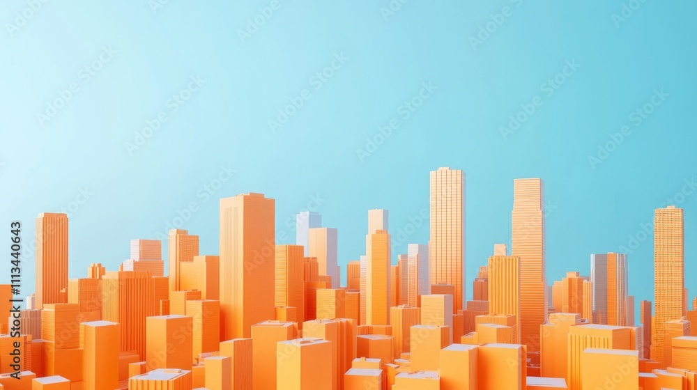 Naklejka premium A stylized, 3D rendered cityscape of orange and beige buildings against a pale blue sky. A modern, simplified, and vibrant urban landscape.