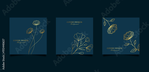 elegant gold floral line art on blue cover background for greeting card or invitation design