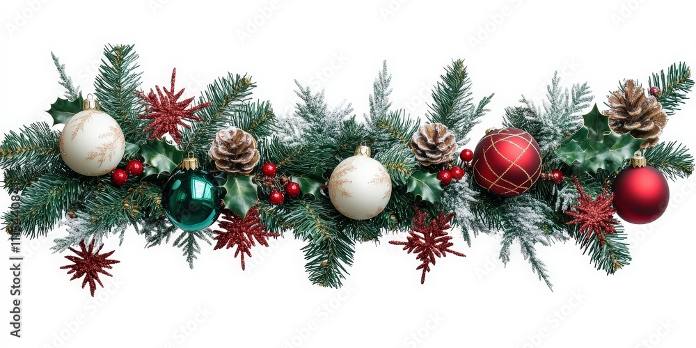 Festive Christmas Garland Decoration with Red and White Ornaments, Pine Cones, and Holly Leaves for Holiday Celebrations and Seasonal Décor Festive Christmas Garland Decoration with Red and White Ornaments, Pine Cones, and Holly Leaves for Holiday Celebrations and Seasonal Décor