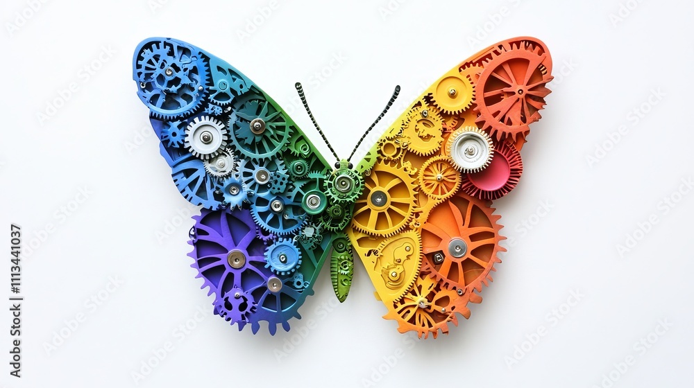 Colorful butterfly made of gears, showcasing creativity and innovation. Colorful butterfly made of gears, showcasing creativity and innovation.