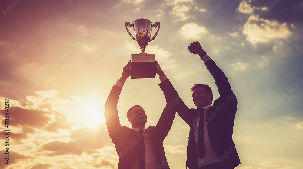 Fototapeta premium A successful business team celebrates their achievement, with two team members lifting a trophy as a symbol of teamwork and shared goals