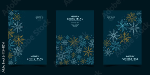 Merry christmas and new year greeting card design with colorful snowflakes art decoration on dark blue background