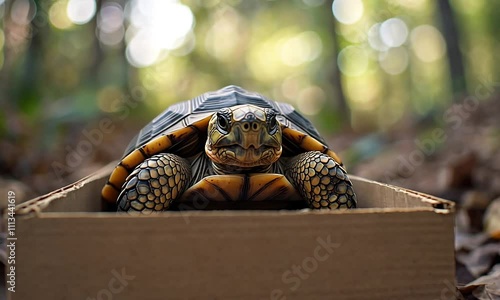 A turtle resting in a cardboard box amidst a blurred natural background. photo