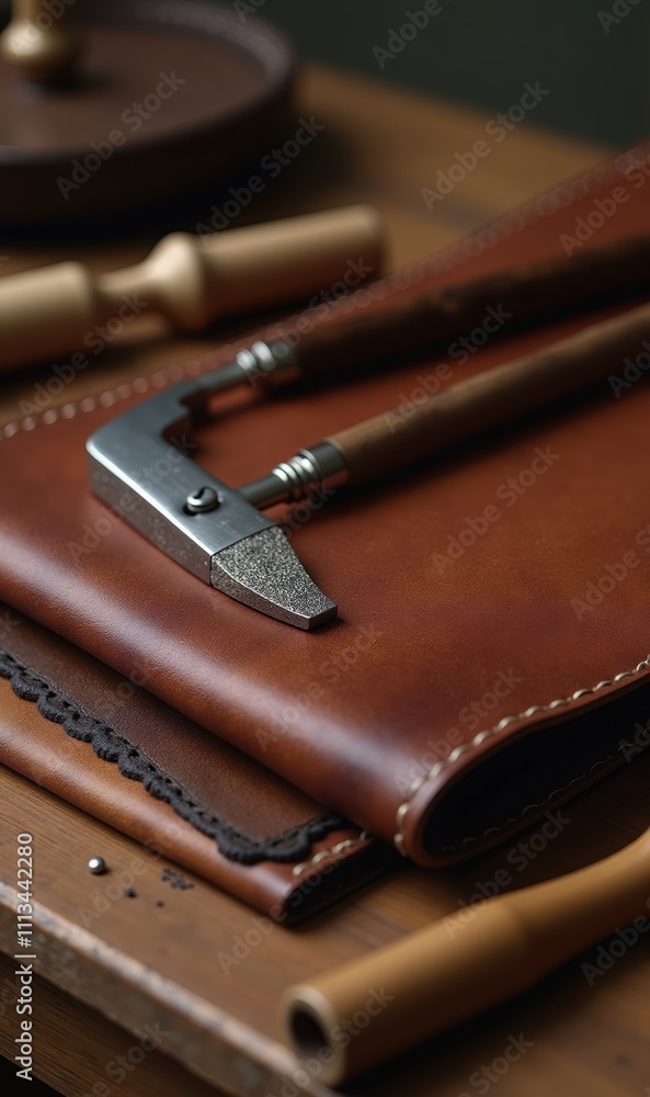 Close-up of handcrafted leather goods and tools, showcasing artisanal craftsmanship ideal for leatherworking, design, and luxury lifestyle themes. Close-up of handcrafted leather goods and tools, showcasing artisanal craftsmanship ideal for leatherworking, design, and luxury lifestyle themes.
