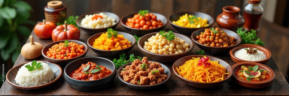 A vibrant display of various Indian dishes, showcasing colorful curries, rice, and garnishes, perfect for food photography, restaurant menus, or culinary blogs. A vibrant display of various Indian dishes, showcasing colorful curries, rice, and garnishes, perfect for food photography, restaurant menus, or culinary blogs.