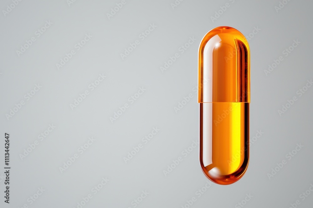 Clear Amber Fish Oil Capsule with Omega Supplement on Gray Background Clear Amber Fish Oil Capsule with Omega Supplement on Gray Background