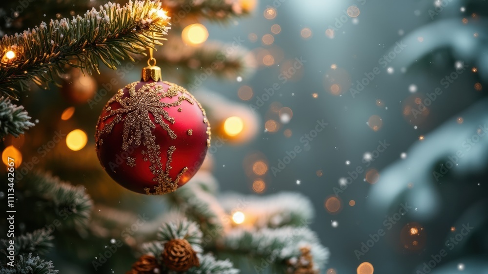 Bright Red Ornament Hanging on a Christmas Tree With Snowflakes and Festive Lights During the Holiday Season Bright Red Ornament Hanging on a Christmas Tree With Snowflakes and Festive Lights During the Holiday Season