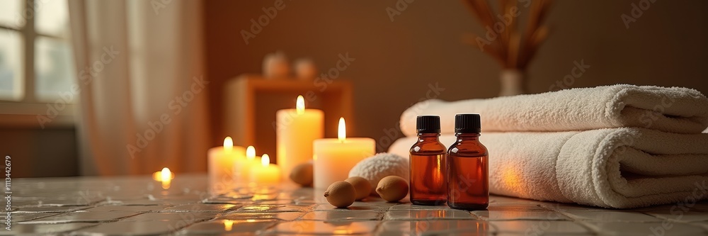 A tranquil spa scene featuring essential oils, towels, and candles, perfect for relaxing ambiance and wellness-related projects. A tranquil spa scene featuring essential oils, towels, and candles, perfect for relaxing ambiance and wellness-related projects.